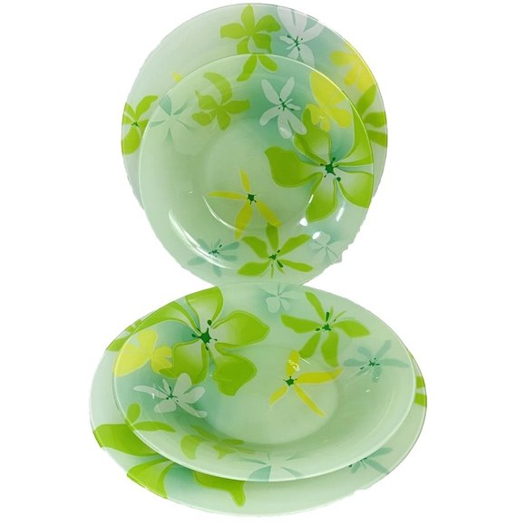 Luminarc 2 Dinner Plates 2 Salad Bowls Green Ode Tempered Glass Tableware Floral - Picture 2 of 11